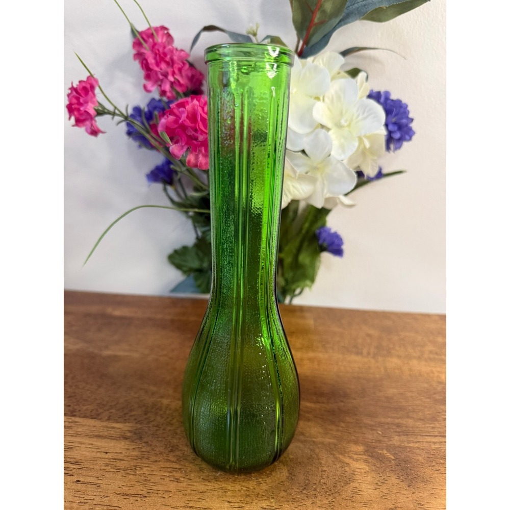 Vintage Emerald Green Glass Bud Vase Ribbed Textured Bulbous Retro Floral Decor
